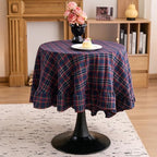 vctops Christmas Navy Plaid Ruffle Table Cloth, Farmhouse Cotton Linen Tablecloth, Washable Table Cover for Round Table Baby Shower Kitchen Party Wedding Decor (Navy,70") by vctops