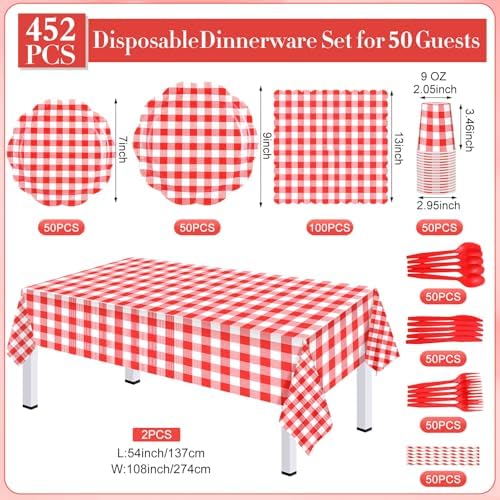 Funnymoom 452 Pcs Red Gingham Party Supplies for 50, Red and White Gingham Checkered Paper Plates Napkins Cups Tablecloth Cutlery Straws for Birthday Family Picnic Camping Barbecue Party Decoration - Image 3