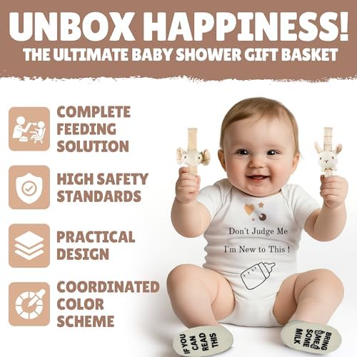 Baby Gift Set | 11 Piece Gender Neutral Newborn Gift Basket for Boys & Girls – Baby Essentials with Plate, Bib, Spoon, Cup, Feeder, Outfit, Rattles & Storage Bag - Image 5