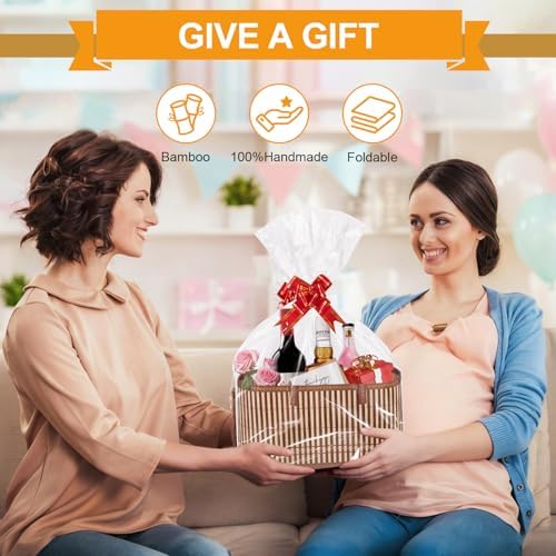 ‌Large Woven Gift Basket with Handles - Empty Bamboo Basket for Gifts (Adults/Wine/Christmas) (BROWN, 6PC LARGE) - Image 5