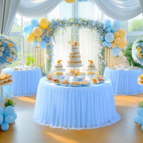 HB HBB MAGIC Baby Blue Tablecloth for Round Table 72 inch Stretchy Elastic Fitted Round Table Cloth Cover 120 inch, Tulle Table Cloth with Skirt Baby Shower Birthday Party Cake Tables Decorations - Image 6