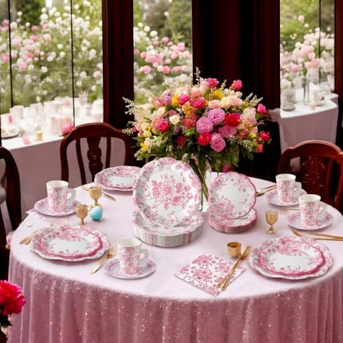 Pickmesh 252 Pcs Pink Floral Tea Party Supplies for 36 Guests Pink and White Porcelain Paper Disposable Dinnerware Floral Teacups with Handle and Saucers Set for Tea Party Decorations Birthday Wedding - Image 5