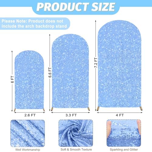 MODFUNS Sequin Arch Covers Baby Blue Arch Cover Set of 3 Wedding Arch Cover 6ft 6.6ft 7.2ft Glitter Spandex Arch Cover Balloon Arch Stand Cover Round Top Arch Backdrop Cover for Baby Bridal Shower - Image 3