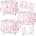 Ganeen 12 Pcs Pink Floral Bow Plastic Tablecloth 84 in Flower Round Vintage Tablecloth Disposable Round Waterproof Table Cover for Birthday Wedding Bridal Shower Baby Shower Tea Party Decoration Party by Ganeen