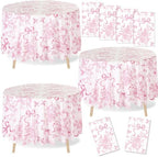 Ganeen 12 Pcs Pink Floral Bow Plastic Tablecloth 84 in Flower Round Vintage Tablecloth Disposable Round Waterproof Table Cover for Birthday Wedding Bridal Shower Baby Shower Tea Party Decoration Party by Ganeen