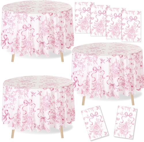 Ganeen 12 Pcs Pink Floral Bow Plastic Tablecloth 84 in Flower Round Vintage Tablecloth Disposable Round Waterproof Table Cover for Birthday Wedding Bridal Shower Baby Shower Tea Party Decoration Party by Ganeen
