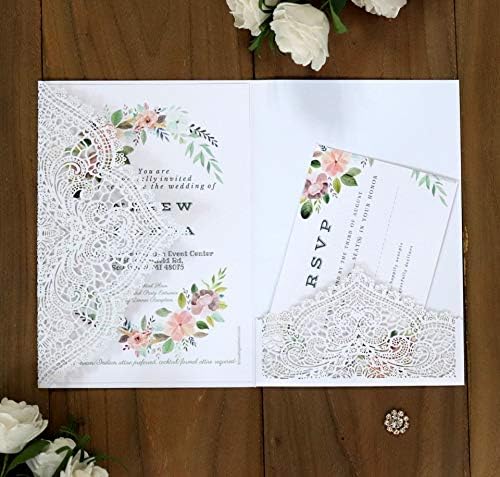 20Pcs Laser Cut Pocket Wedding Invitation Covers, 4.9×7 Inch Trifold Lace Floral Invitation Sleeves with Envelopes (White, 50 Pcs Blank) - Image 4