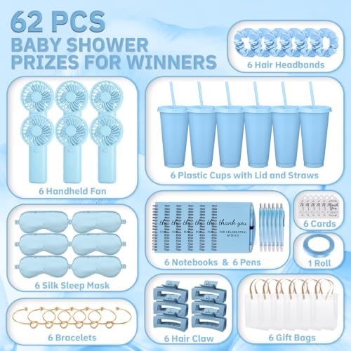 62Pcs Baby Shower Prizes for Guest Winners Handheld Fan Party Favor Set Thank You Gift with Plastic Tumbler,Notebooks,Hair Claw Gift Bags for Party Game Wedding Bridal Shower Favors (Blue, 6 Sets) - Image 2