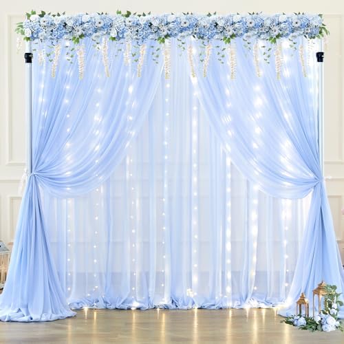 10x10ft Baby Blue Chiffon Backdrop Curtain with Lights String for Wedding Sheer Tulle Curtain Photo Backdrops Drapes for Baby Shower Birthday Party Home Ceremony Decorations - Image 3