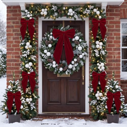 Crowye Giant Christmas Velvet Bow Set 7 Pcs Burgundy Decorative Ribbon Bows - Image 5