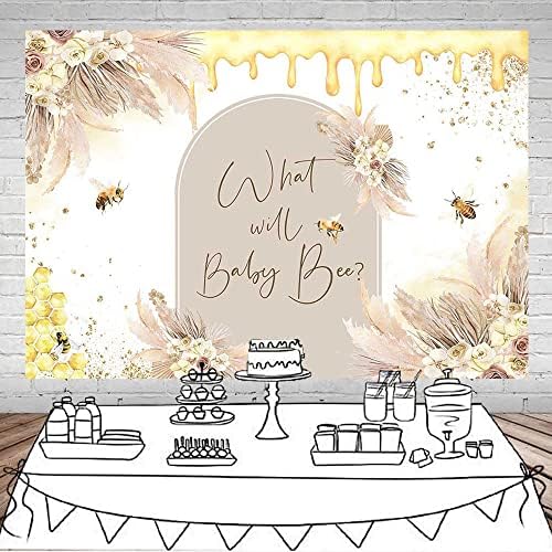 Mocsicka Boho Bee Theme Baby Shower Backdrop Honeycomb Bee Pampas Grass Floral Party Decorations What Will Baby Bee Gender Reveal Cake Table Banner Supplies (10x7ft) - Image 2