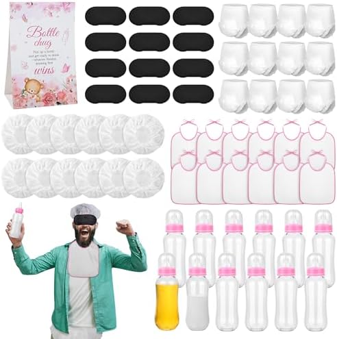 Aneco 12 Set Bottle Chug Baby Shower Games, Plastic Juegos Para Baby Shower Bottle, Gender Reveal Race Gifts Decoration with Bottles Bibs Sign Diapers Caps Blindfolds for Adult Party Supplies, Pink by Aneco