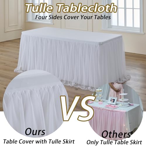 leegleri 4 pk White Tulle Tablecloths for 6 Foot Rectangle Tables, Floor Length 2-in-1 Tulle Table Cover with Draped Skirt,Wrinkle Free Stretchy Fitted Table Clothes 6ft for Wedding Party Decor - Image 2
