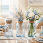 Vintage Glass Flower Vase, 6PCS Farmhouse Blue Mason Jar Vases - Image 3