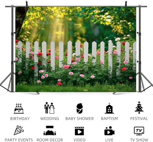 12x10ft Spring Backdrop Green Grass White Fence Photography Background Sunshine Flowers Garden Forest Natural Scenery Wedding Banner Decorations Birthday Baby Shower Portrait Photo Booth Prop - Image 5