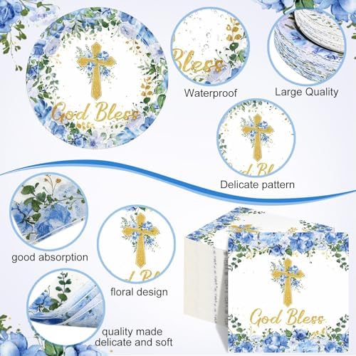 Pickmesh 250 Pcs Blue Baptism Plates Napkins Cups God Bless, Serves 50 - Image 2