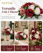 Nuptio Artificial Flower Centrepieces for Tables - 6 Pcs Burgundy & Dusty Rose & Creamy White Fake Flowers Roses Balls 9.5in Diam - Silk Faux Rose Arrangement for Wedding Party Centerpiece Table Decor - Image 6