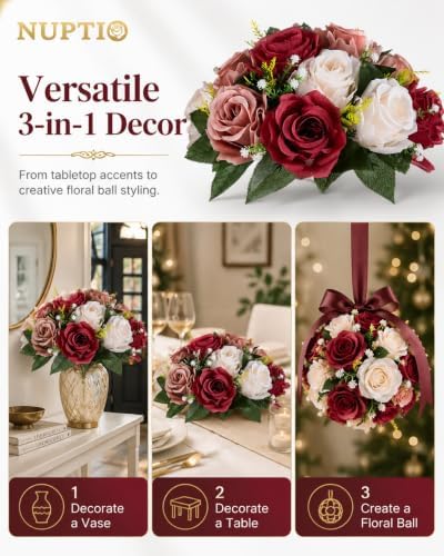 Nuptio Artificial Flower Centrepieces for Tables - 6 Pcs Burgundy & Dusty Rose & Creamy White Fake Flowers Roses Balls 9.5in Diam - Silk Faux Rose Arrangement for Wedding Party Centerpiece Table Decor - Image 6