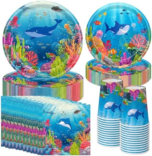 Pickmesh 250 Pcs Under The Sea Party Supplies Ocean Theme Paper Plates Napkins and Cups Sea Animal Disposable Tableware Set Underwater Creatures Party Decorations for Birthday Baby Shower Serve 50 by Pickmesh