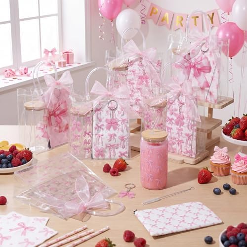 Rtteri 30 Pcs Pink Bow Party Favors Gift Set for Women, Coquette Bow Baby Shower Prizes for Winners Bachelorette Bridal Shower, Includes 16 oz Glass Tumbler PVC Gift Bag Cosmetic Bag Keychain - Image 7