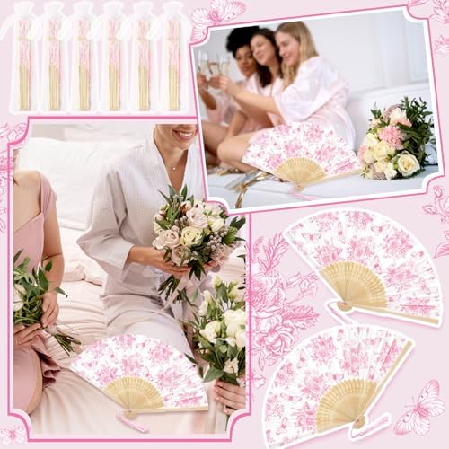 JarThenaAMCS 25 Sets Pink Floral Hand Folding Fans with Bags Wedding Party Favors Chinoiserie Flower Butterfly Foldable Paper Fans with Tassel for Bridesmaid Bridal Shower Decor - Image 6