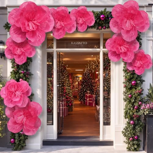 Giegxin 28 Pcs 14'' 10'' 6'' Hot Pink Christmas Paper Flowers Ornaments - Image 5