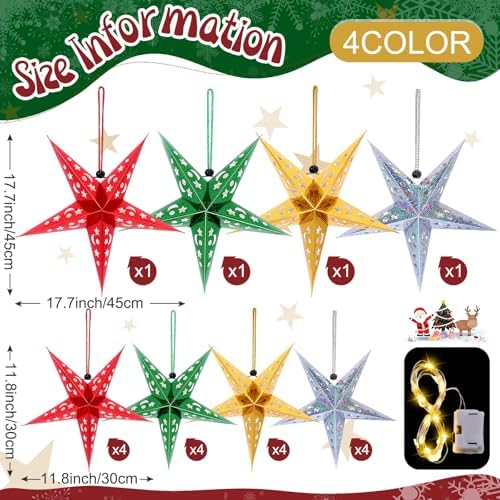 Hortsun 20 Set Paper Star Lanterns Lighted 3D,Red, Green, Gold, Silver - Image 2