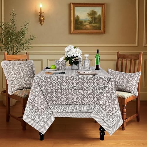 Ridhi Taupe 60x60 Inches Square Indian Hand Block Floral Printed Pure Cotton Cloth Tablecloth, Farmhouse Outdoor Wedding Restaurant Party Home Spring Fall - Image 2