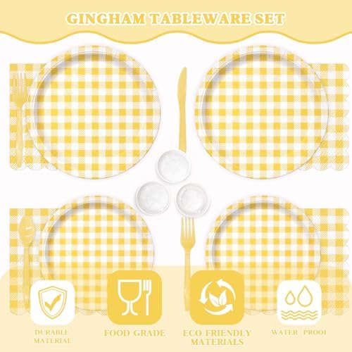 Vyntra 350-Pc Yellow Gingham Paper Plates and Napkins Party Supplies - Image 5