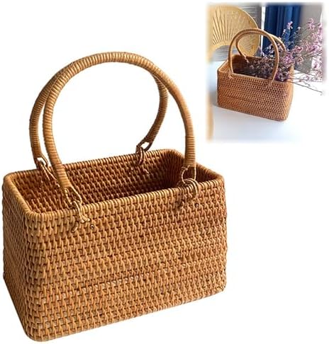Wicker Picnic Basket with Double Folding Handles: Handmade Woven Picnic Basket, Garden Basket Harvest Basket, Natural Small Wicker Basket with Handle for Storage, Camping, Home Decor (Square Basket) by ABCISI