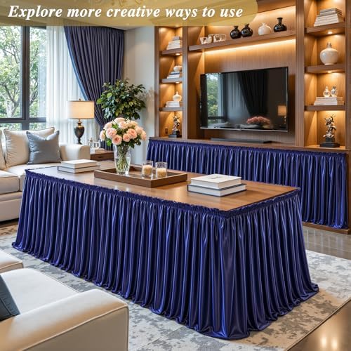 14ft Navy Blue Satin Table Skirt for Rectangle Table Teacher Desk Skirt - Image 2