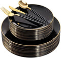 DaYammi 150Pcs Black Plastic Plates with Gold Silverware,Black Disposable Plates Set Included 30 Dinner Plate,30 Dessert plate,30 Knives,30 Forks,30 Spoons,black and gold plates for Party Wedding by DaYammiwillaccompanyyou