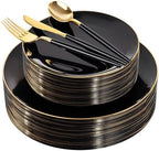 DaYammi 150Pcs Black Plastic Plates with Gold Silverware,Black Disposable Plates Set Included 30 Dinner Plate,30 Dessert plate,30 Knives,30 Forks,30 Spoons,black and gold plates for Party Wedding by DaYammiwillaccompanyyou