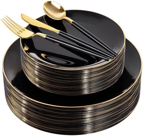 DaYammi 150Pcs Black Plastic Plates with Gold Silverware,Black Disposable Plates Set Included 30 Dinner Plate,30 Dessert plate,30 Knives,30 Forks,30 Spoons,black and gold plates for Party Wedding by DaYammiwillaccompanyyou