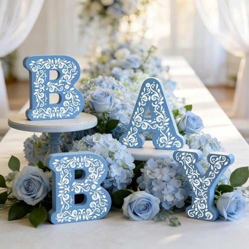 4 Pcs Cielito Lindo Baby Shower Decorations Blue Wooden Baby Letters, 6 inch Mexican Theme Wooden Blocks for Party Decor, Rustic Centerpiece for Gender Reveal Birthday Nursery Shelf Decor by Elasign