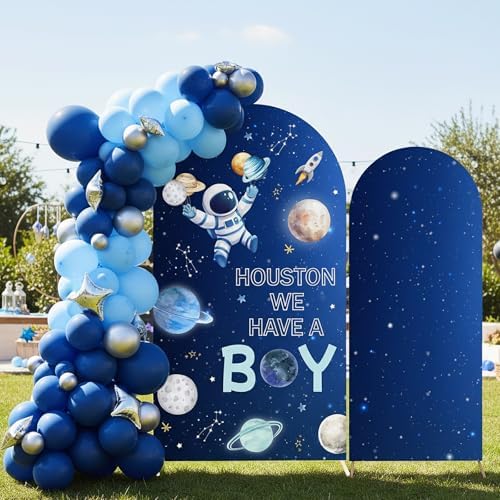 2PCS Outer Space Baby Shower Arch Backdrop Cover Houston We Have a Boy Backdrop 6ft 7.2ft Stretchy Spandex Galaxy Astronaut Arch Stand Cover for Houston We Have a Boy Baby Shower Party Decors - Image 3