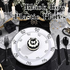 125PCS Black Bow Plastic Plates - White and Black Disposable Plates - Image 4