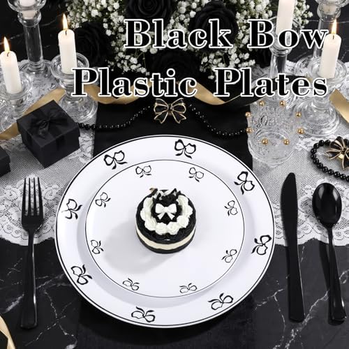 125PCS Black Bow Plastic Plates - White and Black Disposable Plates - Image 4