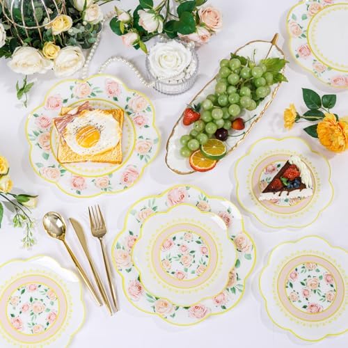 LIYH 24Pcs Gold And Pink Plastic Plates Floral Dinnerware Set For 12 Guests - Image 7