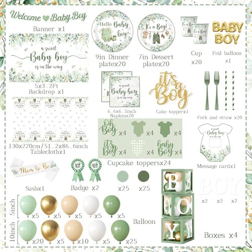 Baby Boy Shower Decorations,267pcs Baby Shower Decorations Green Plates and Napkins Cups Banner Backdrop Tablecloth Cake Topper Balloon for Sweet Baby Boy Baby Shower Decorations - Image 6
