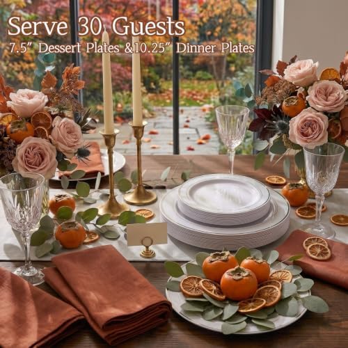 FLOWERCAT 60PCS Silver Plastic Plates - Heavy Duty White and Silver Plastic Plates Disposable - Include 30PCS 10.25inch Dinner Plates and 30PCS 7.5inch Dessert Plates for Fall Wedding&Birthday Party - Image 3