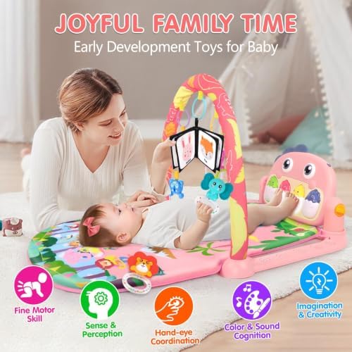 UMIKU Baby Play Mat Tummy Time Mat Girl High-Contrast Cloth Pink Dinosaur - Image 4