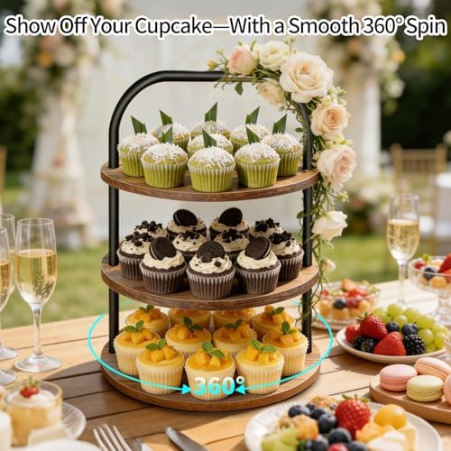 Cupcake Stand, 360° Rotating Wooden Cupcake Stand 3 Tier Large Dessert Table Display Set Cupcake Tower Tiered Tray Stand Serving Tray for Party Supplies Vendor Display Farmhouse Decor (2 Pack) - Image 2