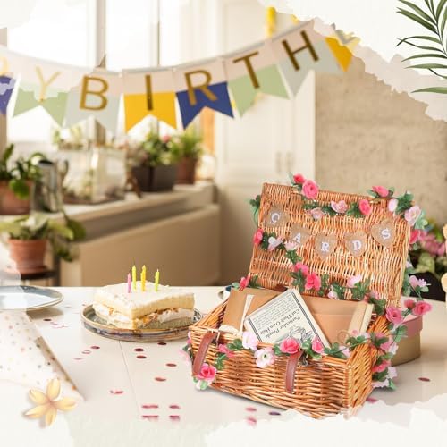 Geelin Wicker Wedding Card Basket with Lid Letter Flag Rustic,Pink - Image 5