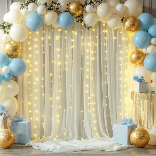 20x10ft Beige Tulle Backdrop Curtains with Lights String for Parties,Wrinkle Free Sheer Curtain with Lights Wedding Photo Backdop Drapes for Baby Shower Birthday Party Photography Home Decorations - Image 3