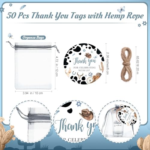 Funnymoom 50 Sets Cowboy Baby Shower Favors for Guest A Little Cowboy is on the Way Acrylic Clear Shot Glasses Thank You Cards and Twine Organza Bags for Western Baby Shower Birthday Party Decorations - Image 4