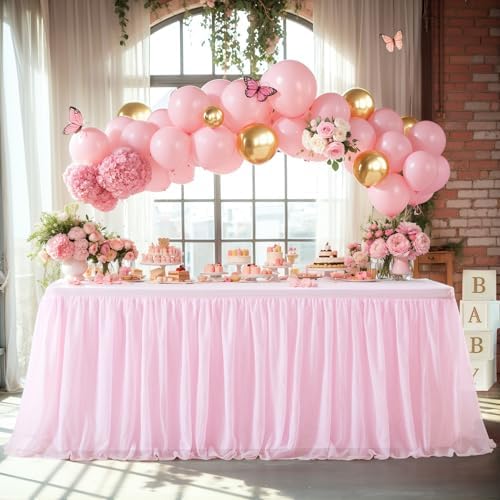 Wish Care 1 Pack Pink Table Cloth for 6 Foot Rectangle Tables 6FT Tulle Tutu Skirt Stretch Fitted Tablecloth Wrinkle Free Ruffle Table Cover for Girls Birthday Wedding Baby Bridal Shower Party Cake - Image 3