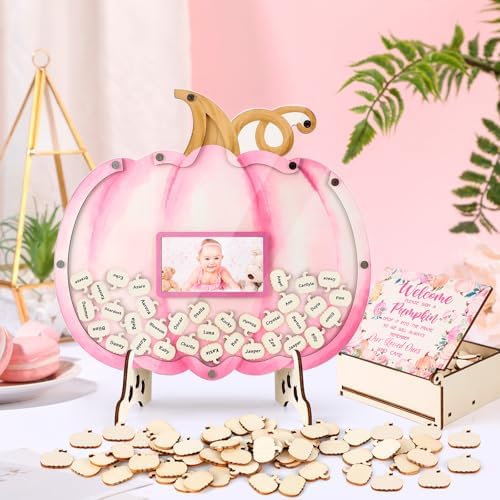YLOLUL 62 Pcs Pumpkin Baby Shower Guest Book Alternatives Set Fall Baby Shower Guestbook Photo Frame with Wood Pumpkin Slices Rustic Guest Book Alternative for Baby Boy Birthday Party (Pink) - Image 6