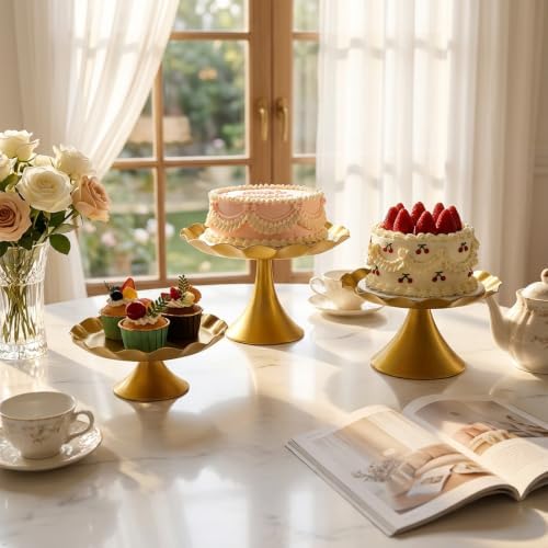 3 Pcs Gold Metal Cupcake Stand Scalloped Edge Dessert Display Tray by CBBZJY