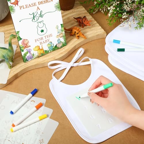 Panitay 100 Pcs DIY Baby Bibs Decorating Kit 50 White Bibs 25 Stencils 24 Markers 1 Baby Shower Game Sign - Image 4
